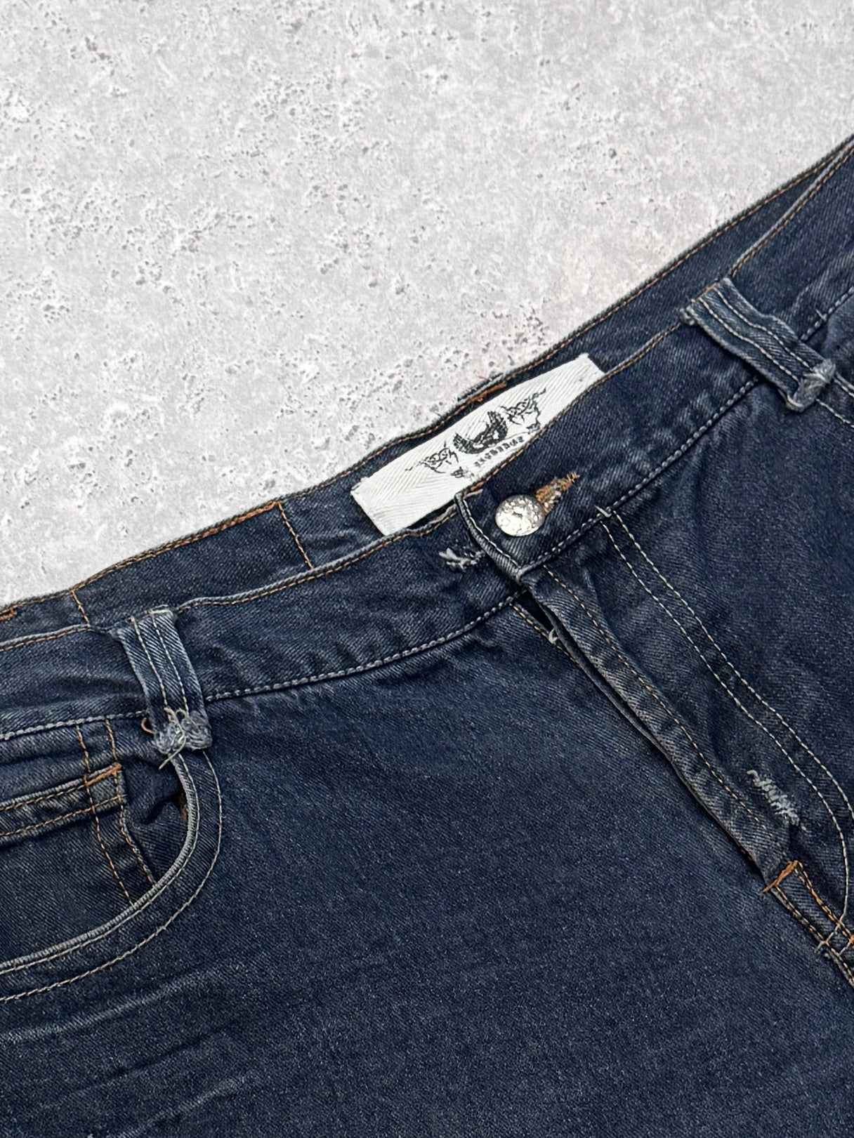 Vintage Y2K Denim Gothic Print Straight Leg Pants (34")