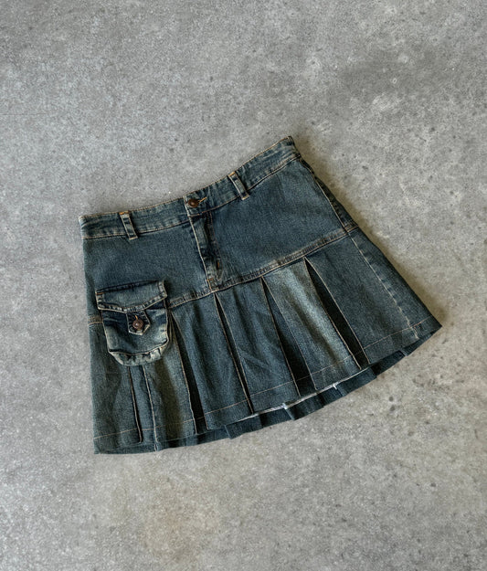 Vintage 00s Denim Pleated Mini Skirt (S)