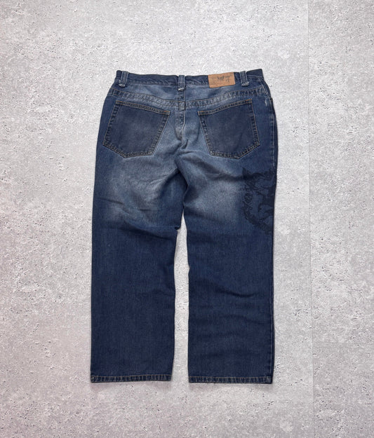 Vintage Y2K Denim Gothic Print Straight Leg Pants (34")