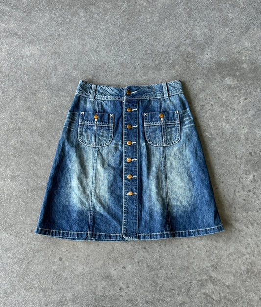 Vintage Denim Button Midi Skirt (XL)