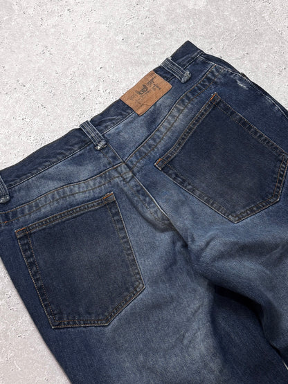 Vintage Y2K Denim Gothic Print Straight Leg Pants (34")