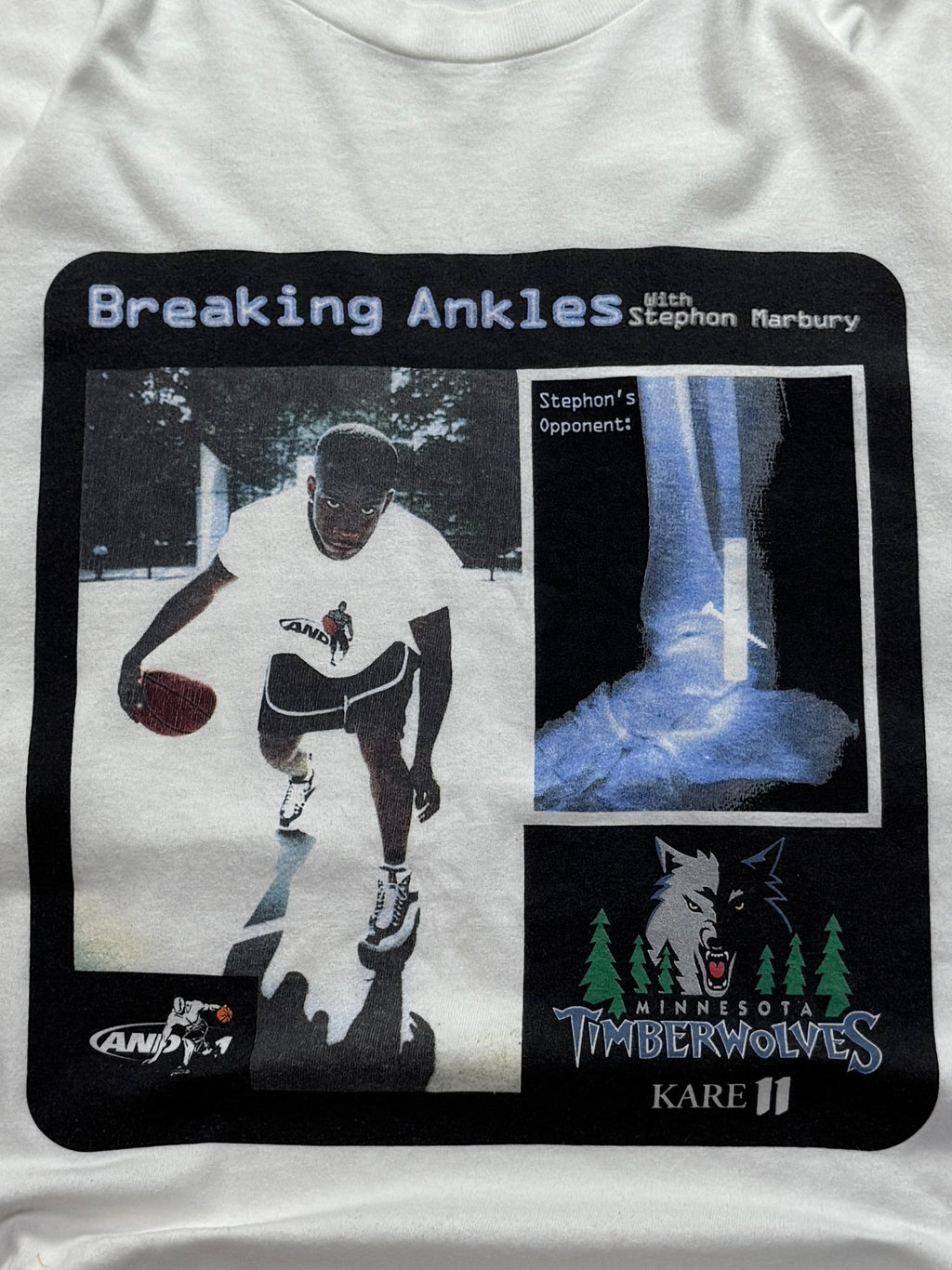 Vintage 90s Minnesota Timberwolves Stephon Marbury "Breaking Ankles" NBA Tee (XL)