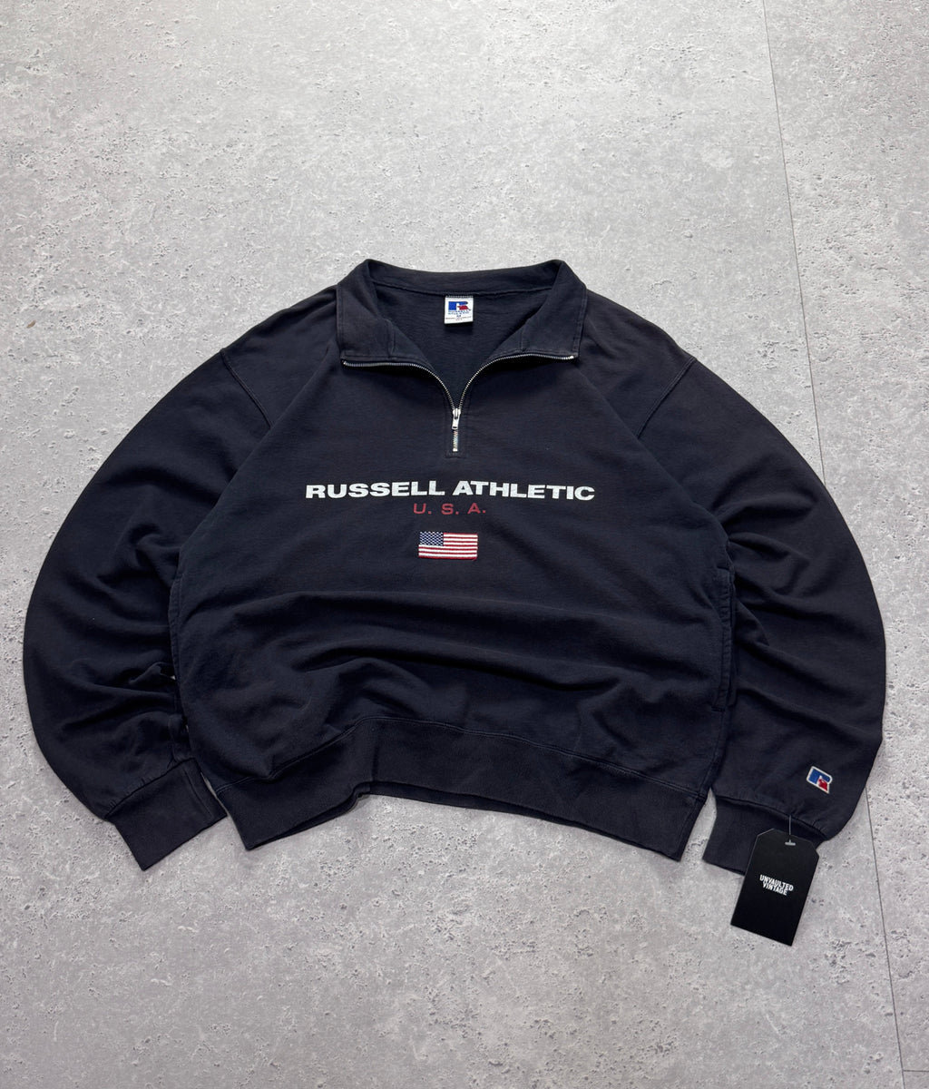 Vintage 90s Russell Athletic USA Spellout Quarter Zip Sweater (M)