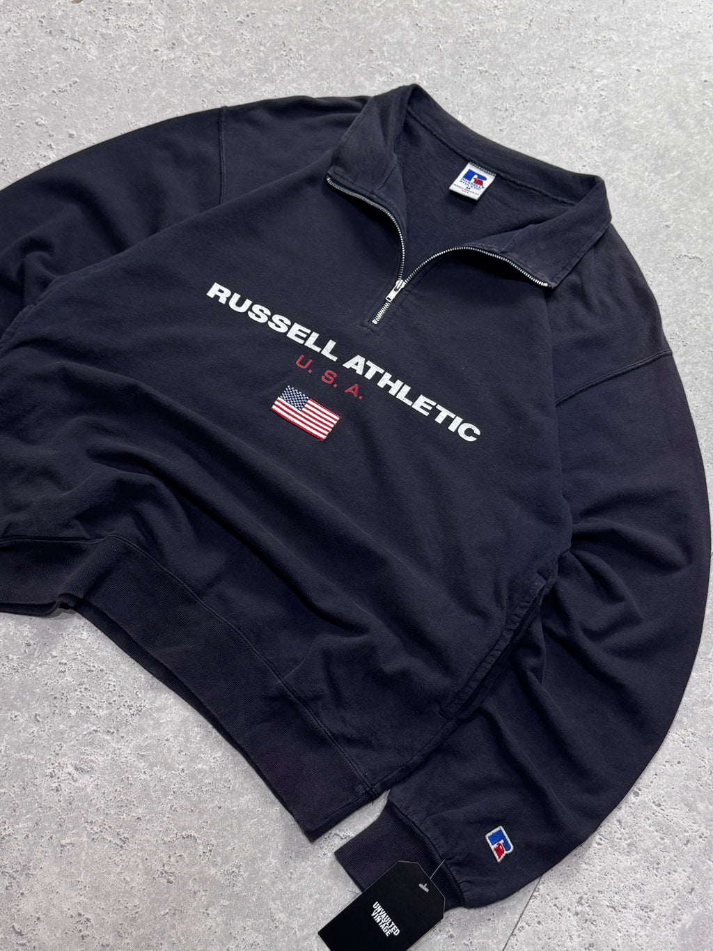Vintage 90s Russell Athletic USA Spellout Quarter Zip Sweater (M)