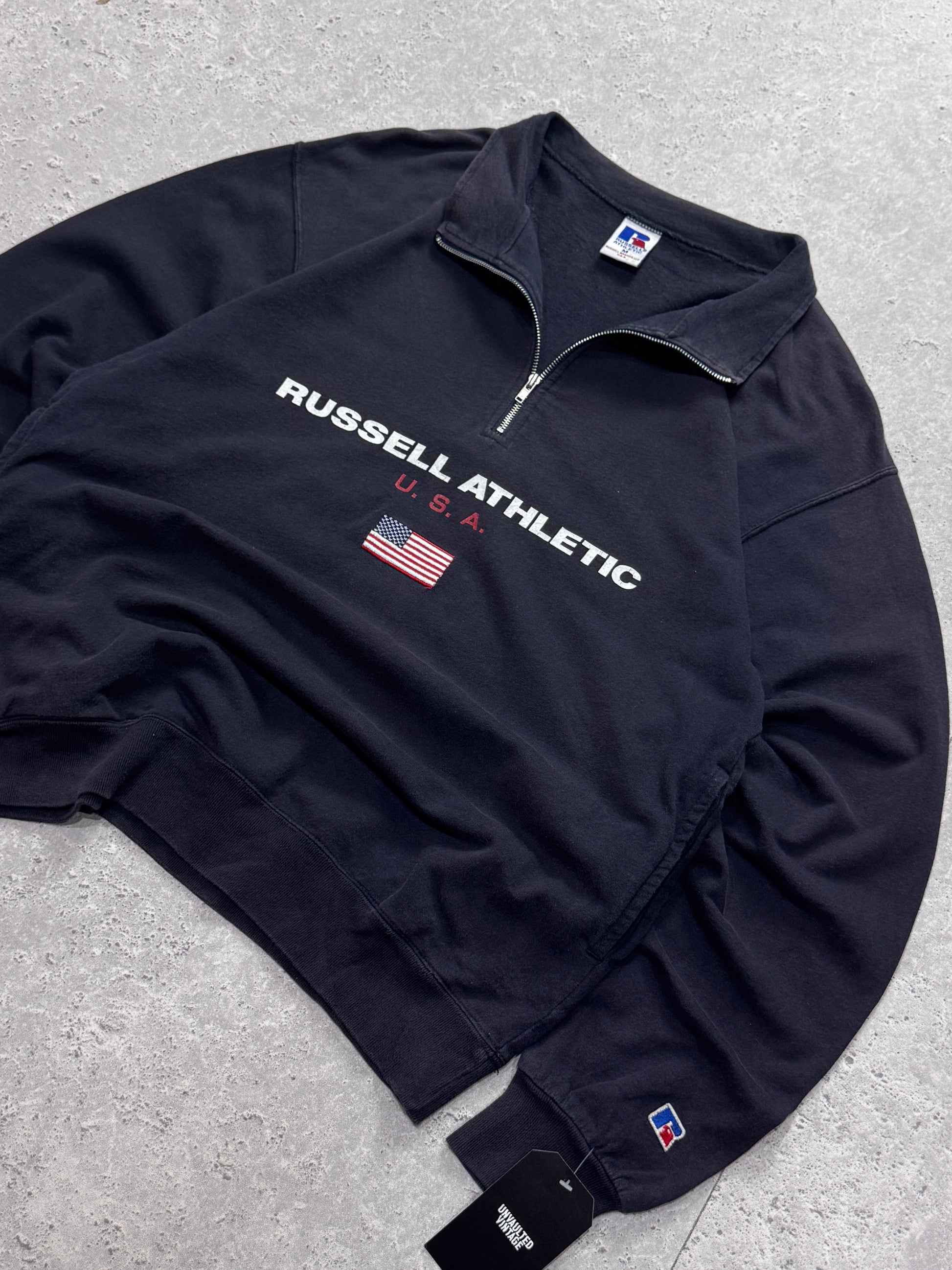 Vintage 90s Russell Athletic USA Spellout Quarter Zip Sweater (M)