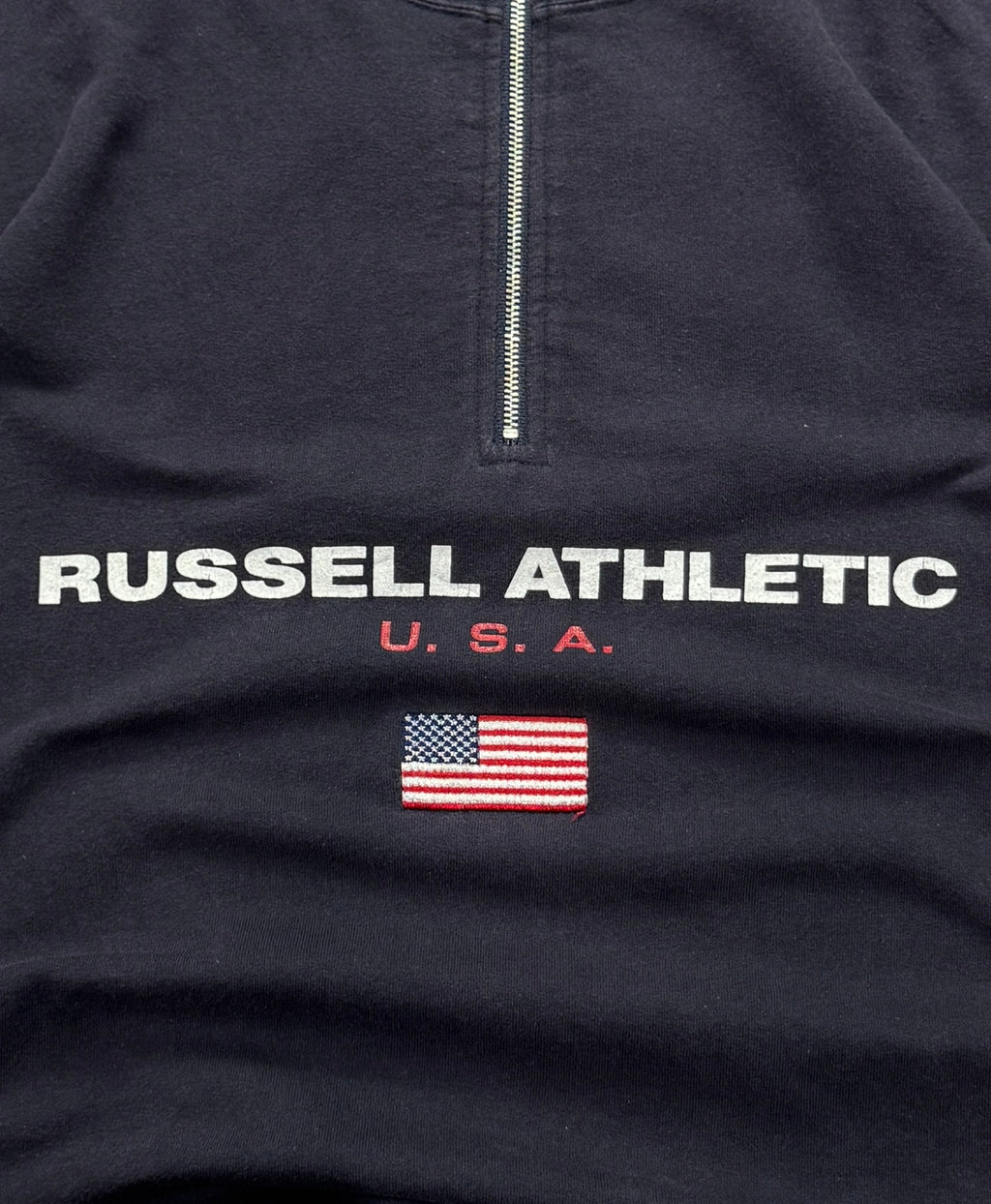Vintage 90s Russell Athletic USA Spellout Quarter Zip Sweater (M)