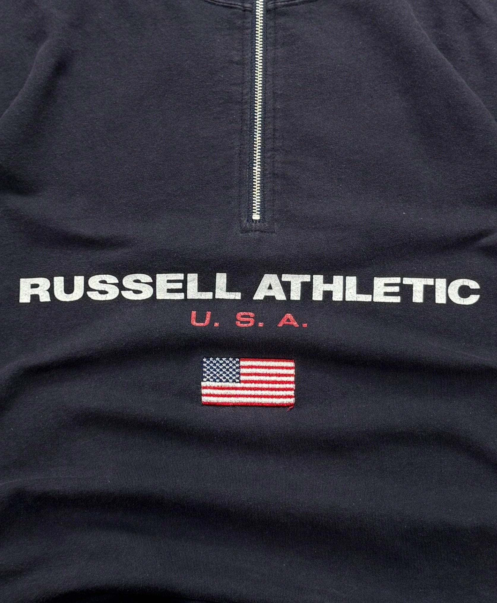 Vintage 90s Russell Athletic USA Spellout Quarter Zip Sweater (M)