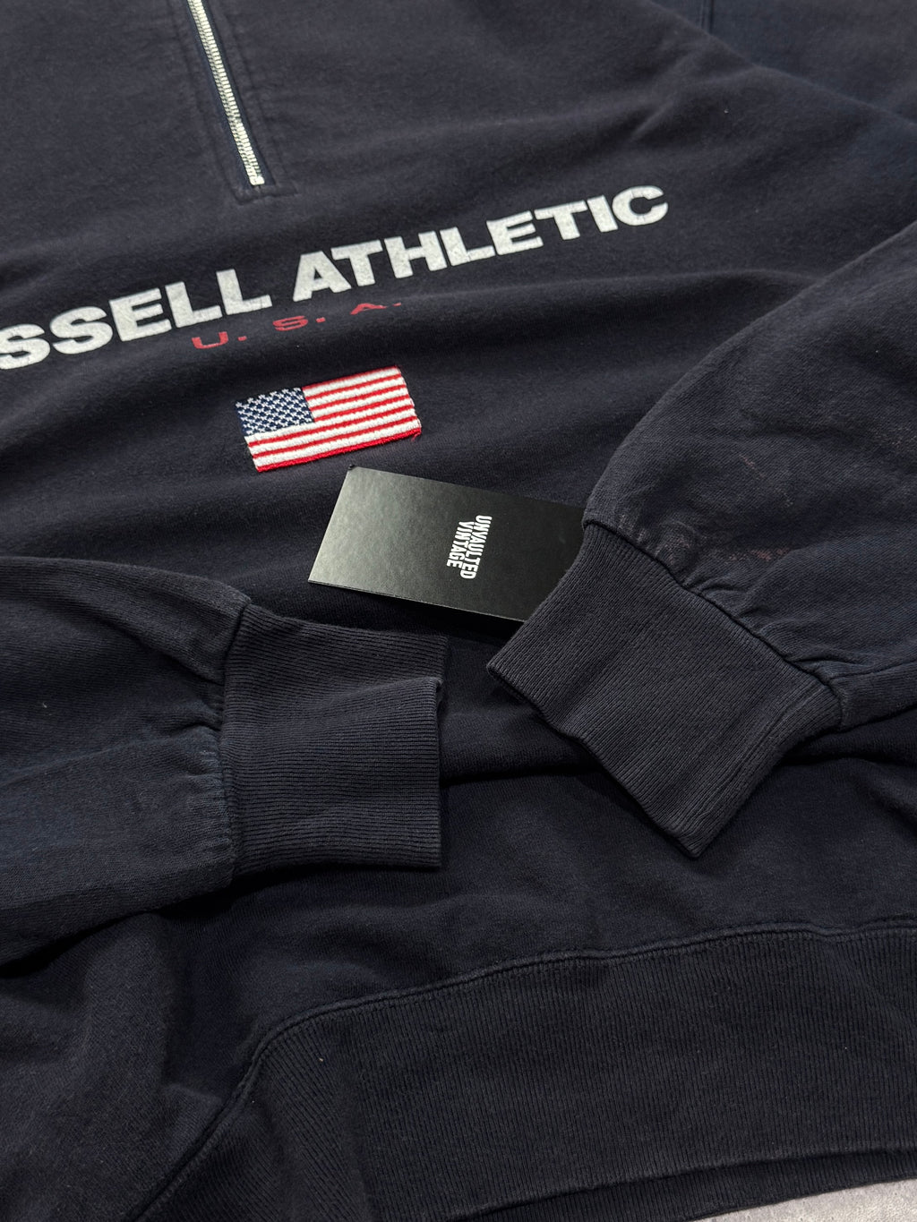 Vintage 90s Russell Athletic USA Spellout Quarter Zip Sweater (M)